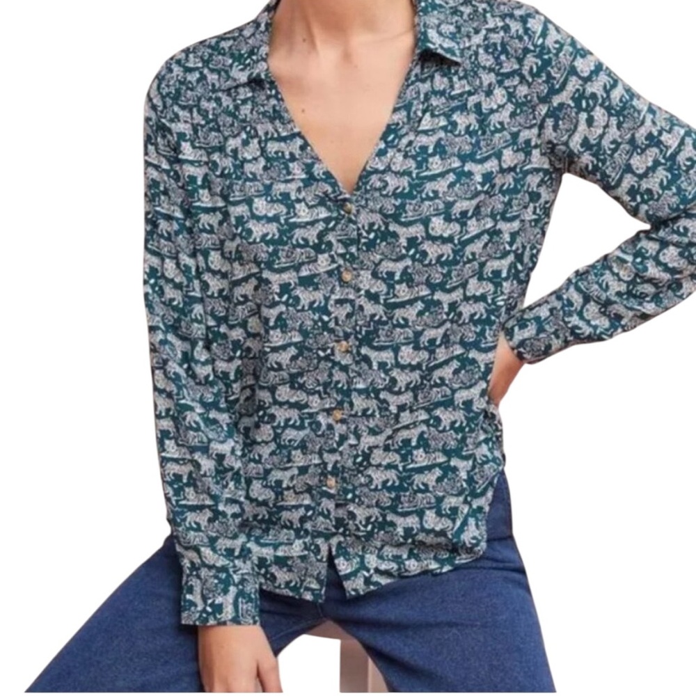 Anthro Maeve Size 4 Teal/White Rayon Emory Tiger Print BF Tunic w Smocking